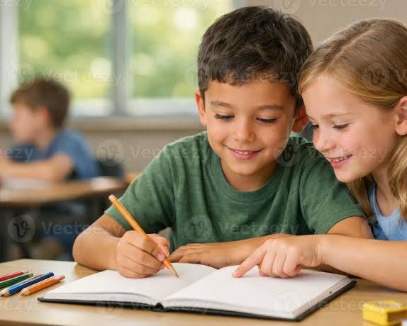 Bambini che studiano insieme a scuola su un quaderno